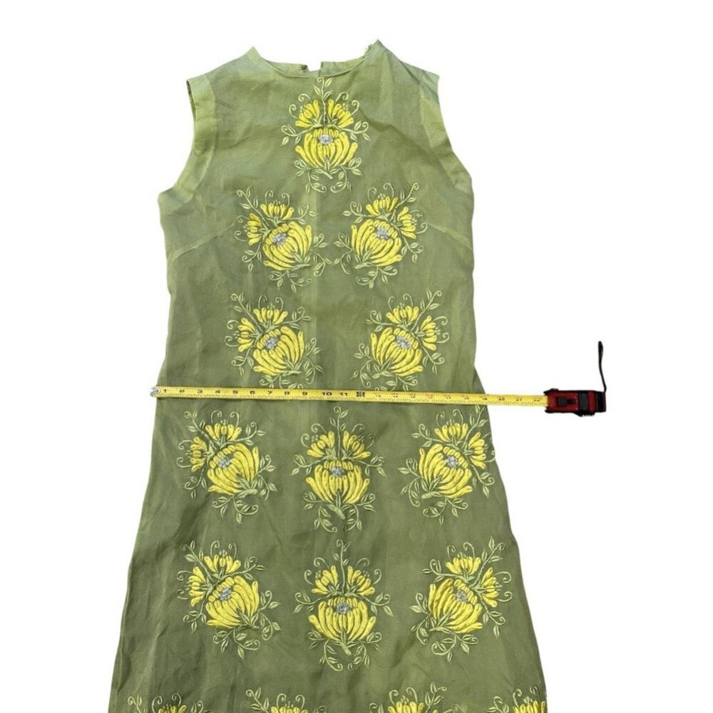 Womans Sheer Sleeveless One Piece Maxi Dress Green with Embroidered Flowers Sz M - Picture 5 of 5